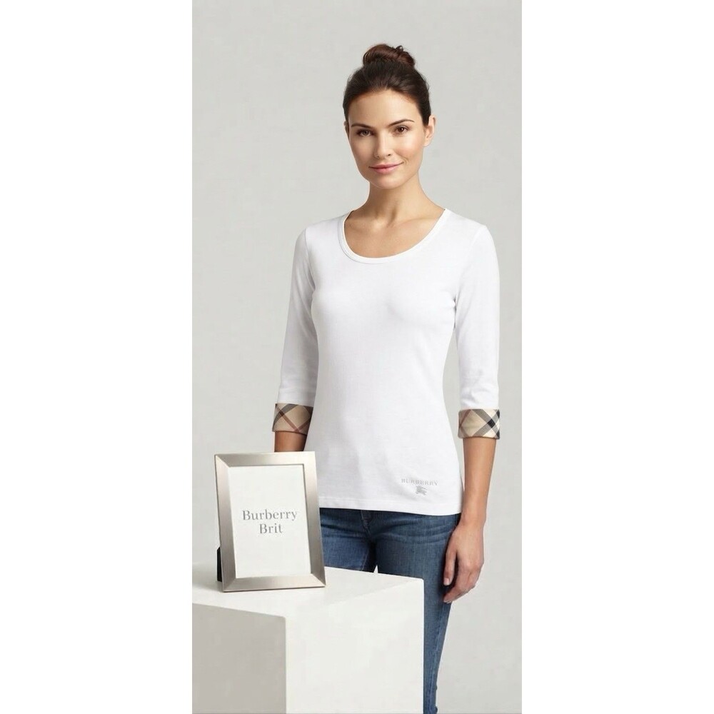 Burberry Brit Womens Top Size L White Nova Check Cuffed 3/4 Sleeve Shirt Cotton
